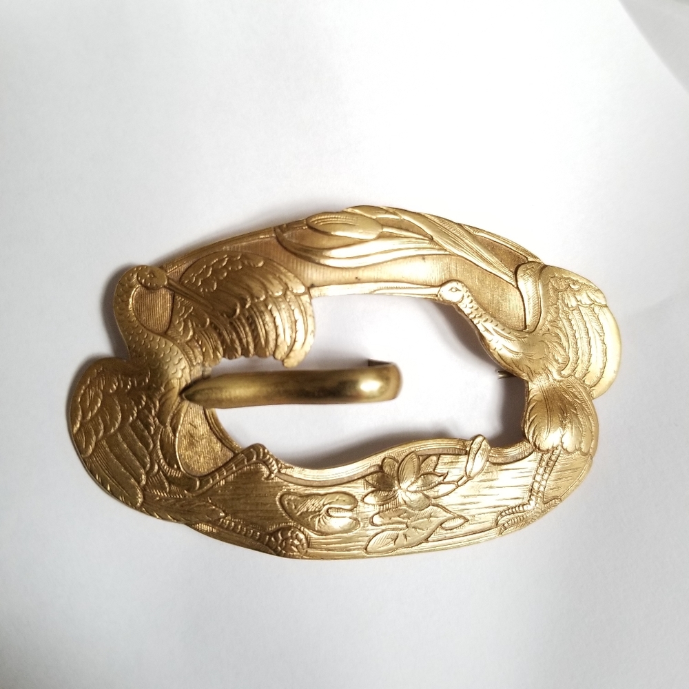 Relisted -Antique Edwardian crane lily pad sash brooch pin nouveau gold tone - Picture 6 of 17